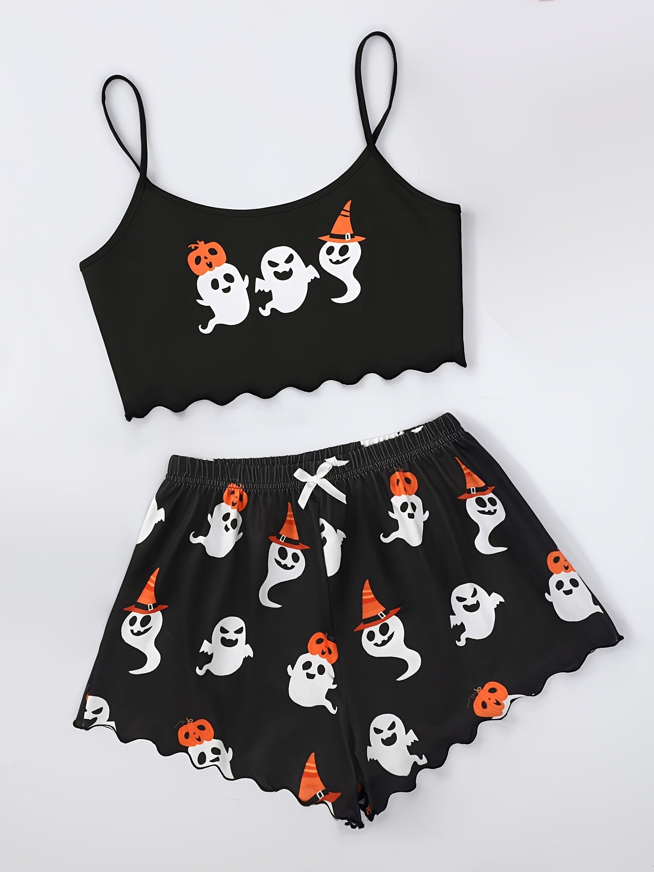 Women's Cartoon Ghost Print Frill Trim Sexy Pajama Set