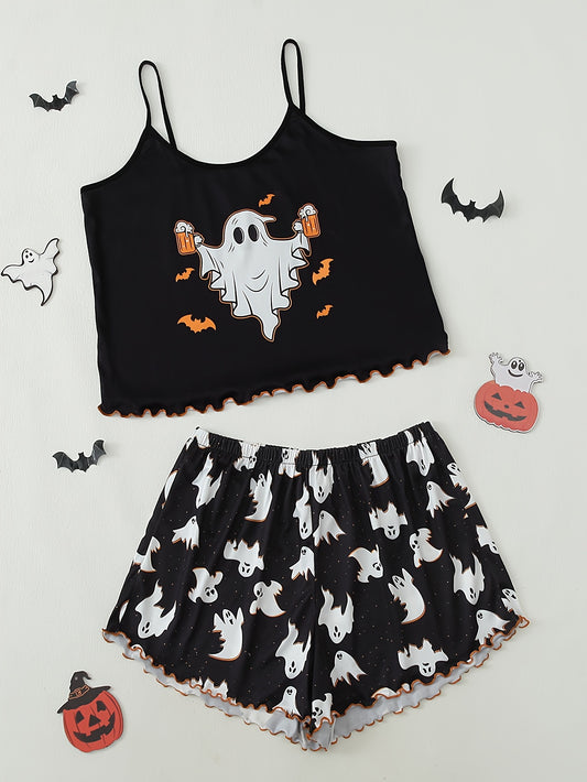 Women's Cute Cartoon Ghost Print Frill Trim Pajama Set